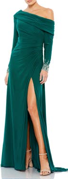 Mac Duggal Jeweled Cuff Drop Shoulder Faux Wrap Gown