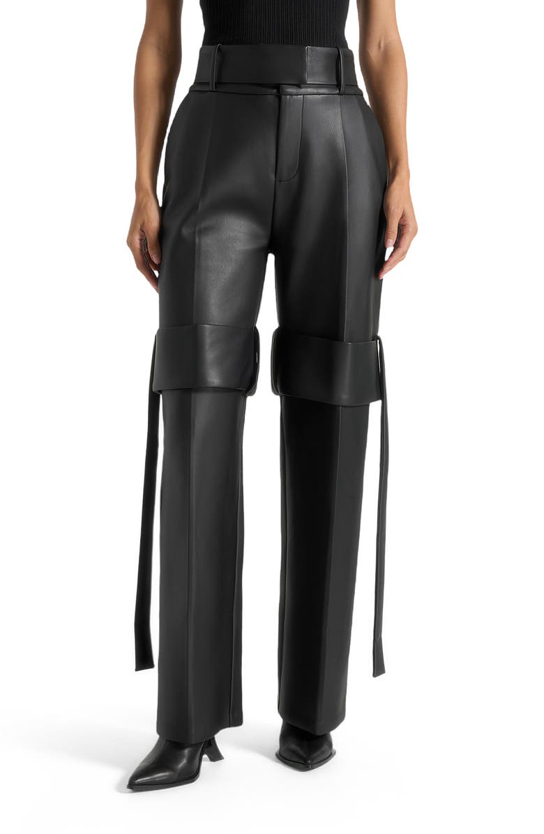 Manière De Voir Isabelle Leather Belted Strap Detail Trousers, Alternate, color, Black