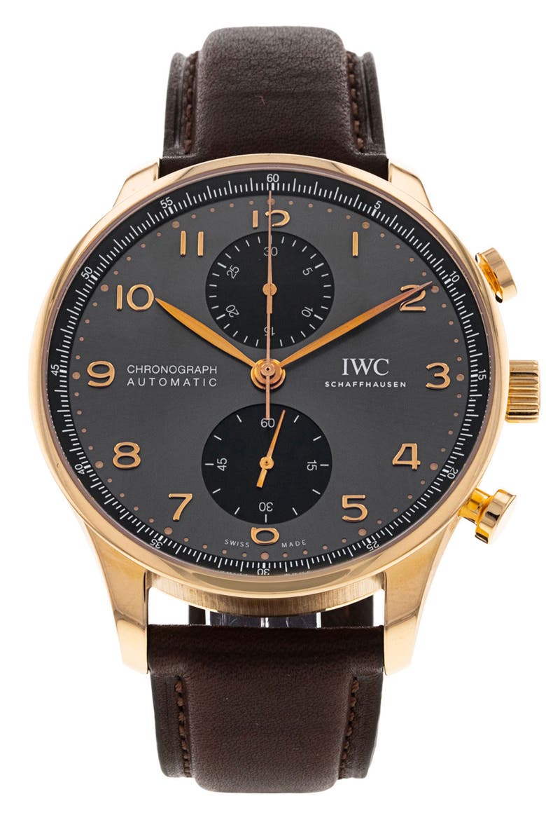 IWC 2022 Preowned Portugieser Leather Strap Chronograph Watch, 41mm, Main, color, BLACK/GREY