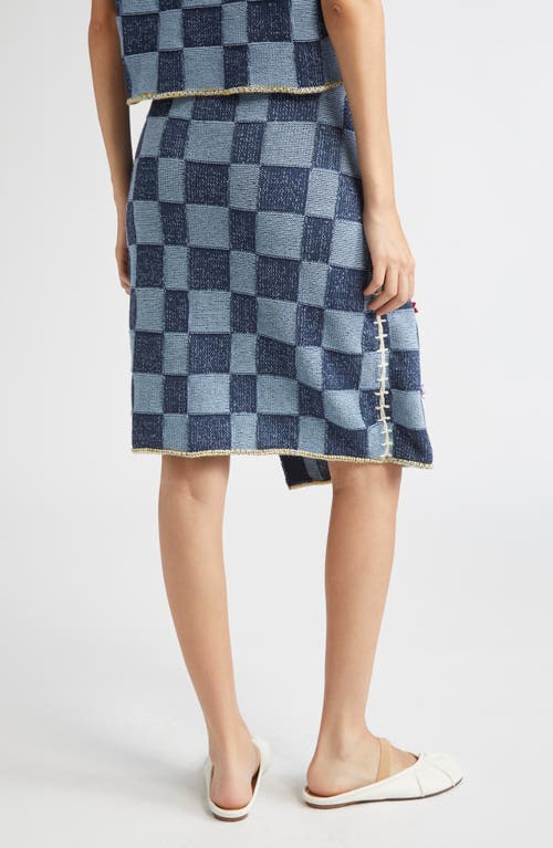 Yanyan Floral Ribbon Checkerboard Knit Wrap Skirt In Blue