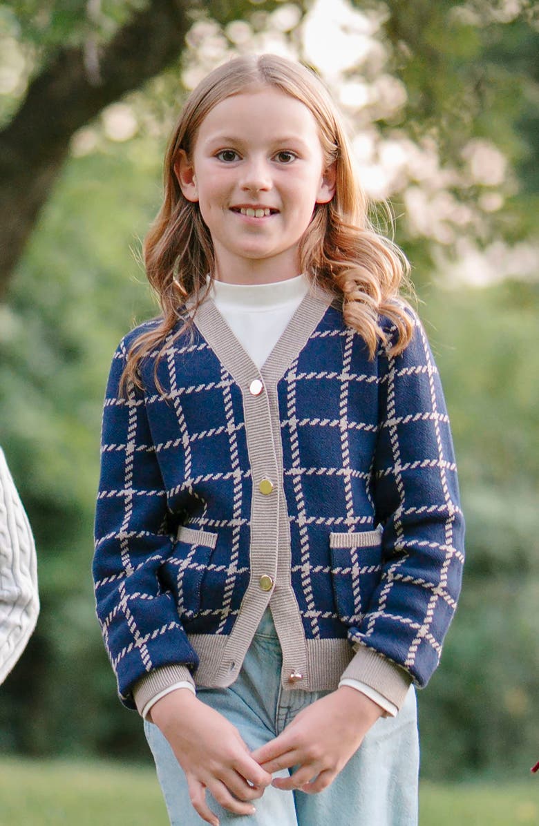 Hope & Henry Kids' Organic Long Sleeve Boyfriend Cardigan Sweater, Alternate, color, Navy And Taupe Windowpane