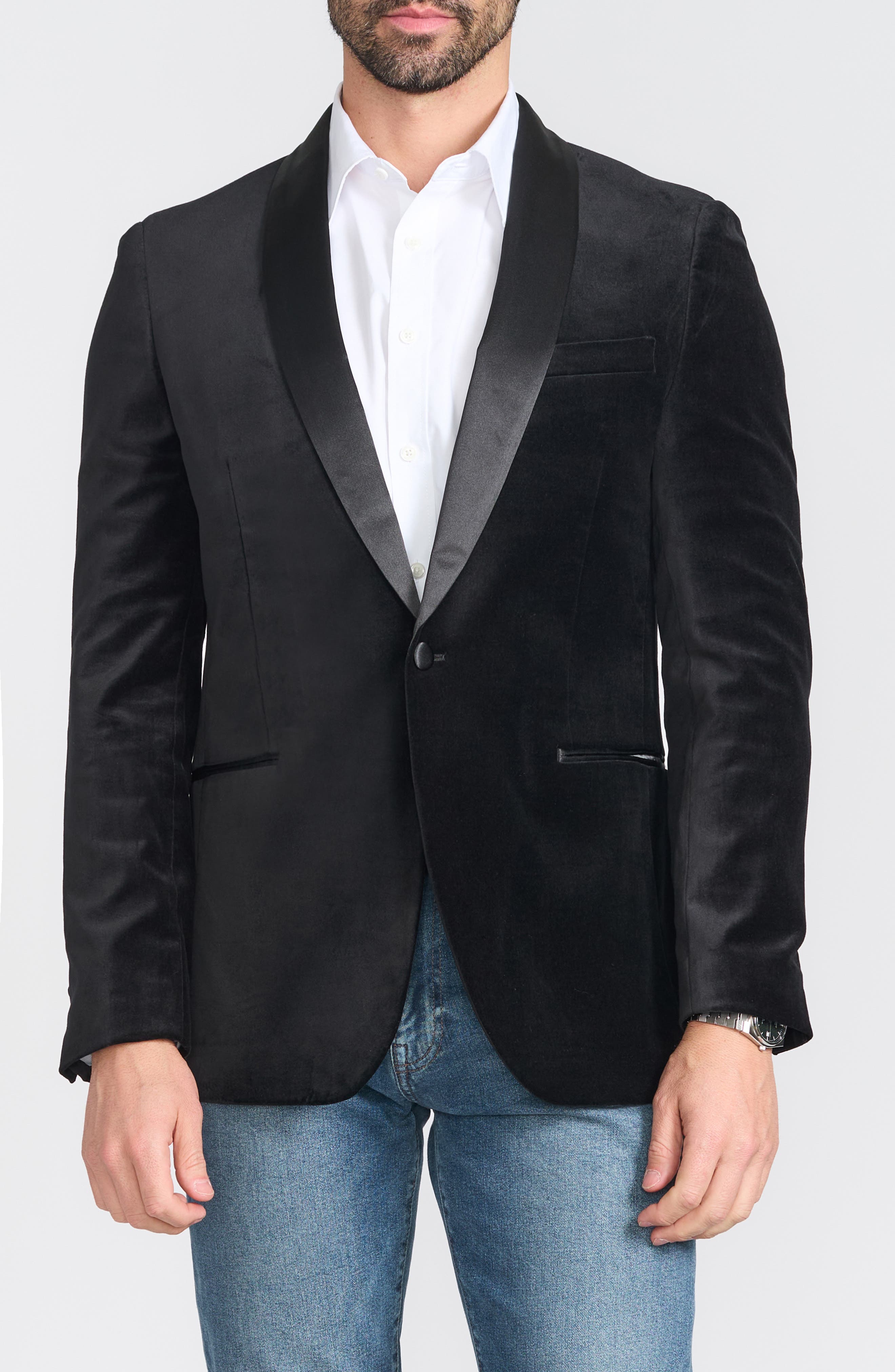SAVILE ROW CO Black Satin Shawl Collar Slim Fit Velvet Jacket