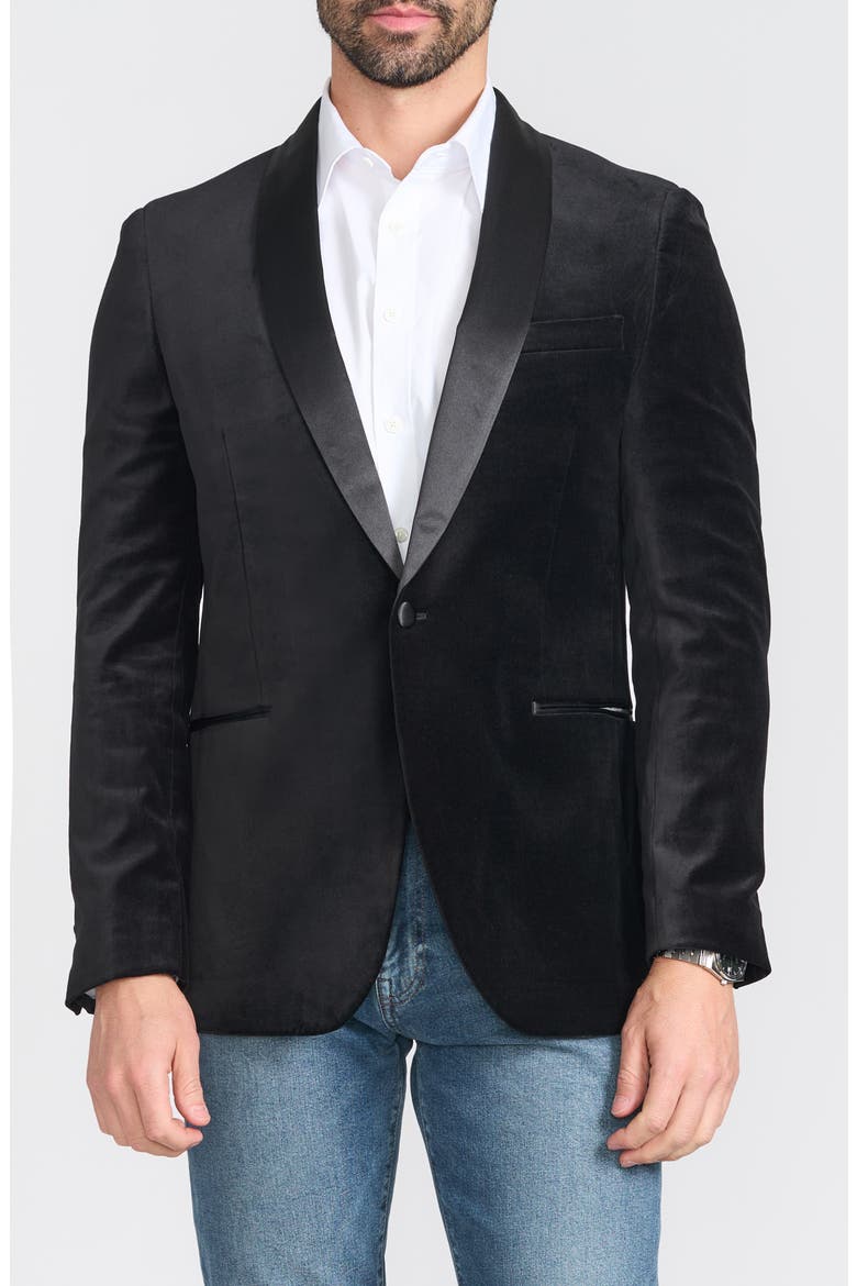 Black Satin Shawl Collar Slim Fit Velvet Jacket, Main, color, BLACK