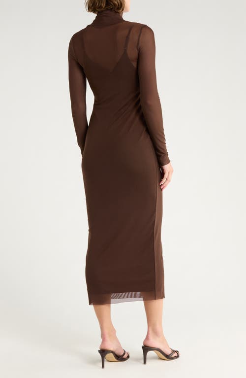 Afrm Los Angeles Marni Turtleneck Long Sleeve Mesh Dress In Brown