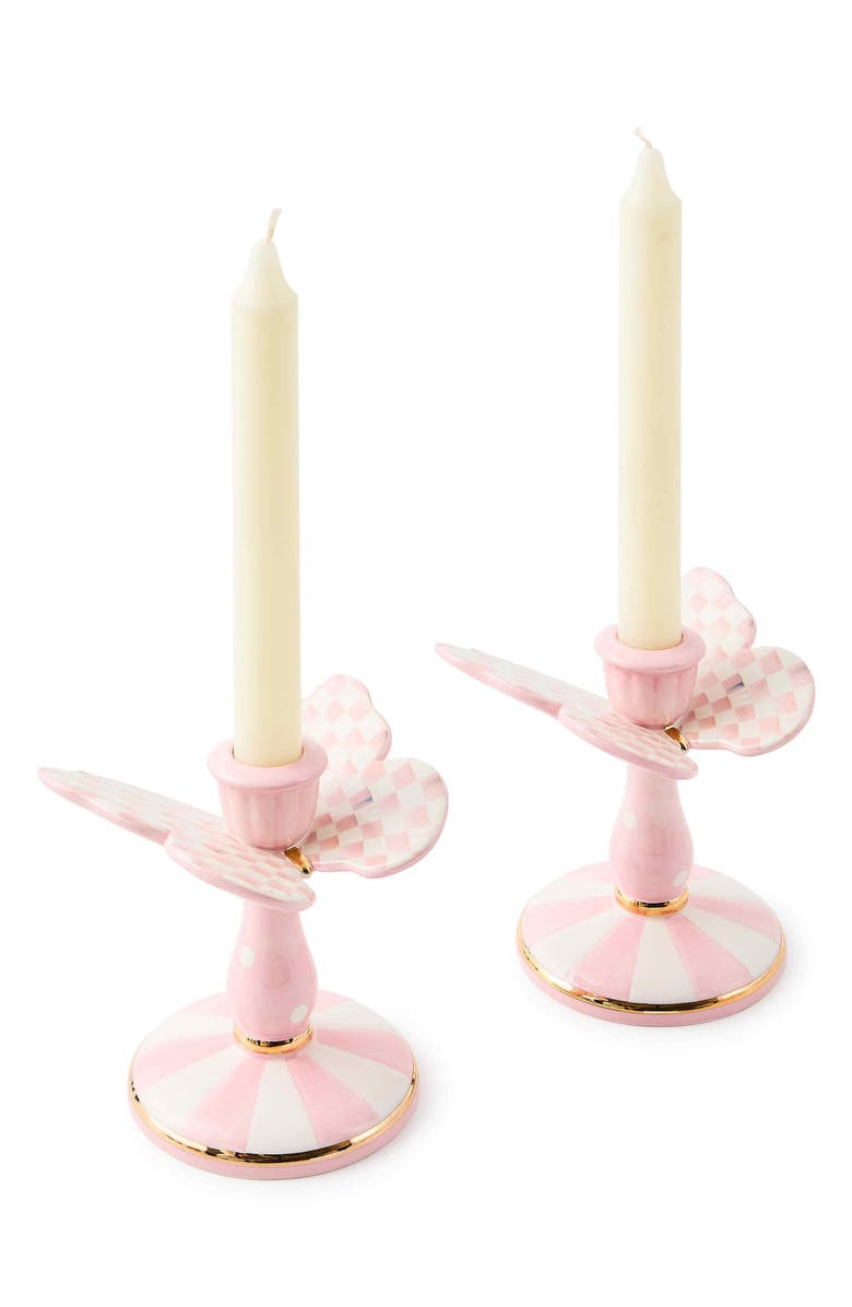 MACKENZIE CHILDS Rosy Check Set of 2 Butterfly Candleholders, Alternate, color, Rosy