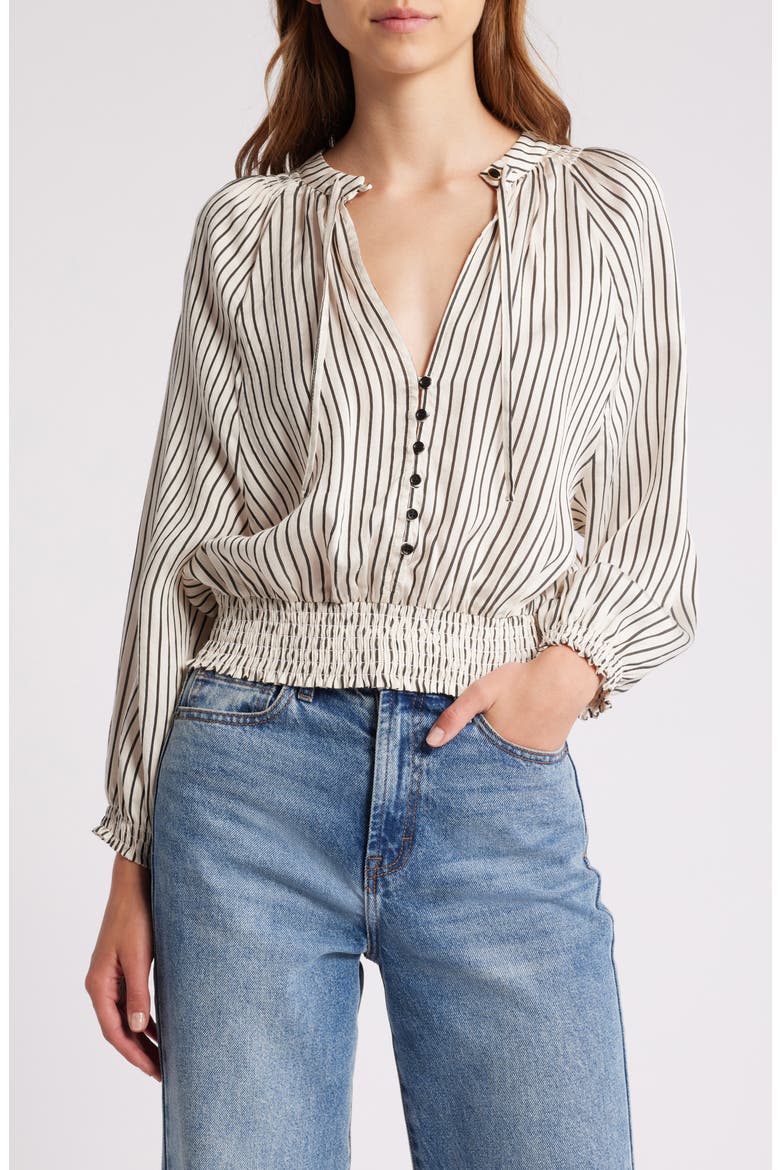 Swing Stripe Smocked Waist Blouson Top, Main, color, SWING-WHITE BLACK