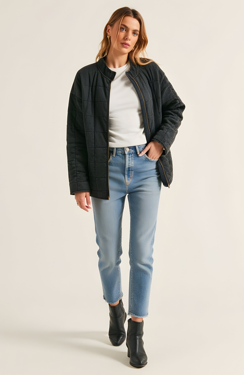 Modenaire Quilted Zip-up Jacket With Stand Collar And Square Stitch In Black