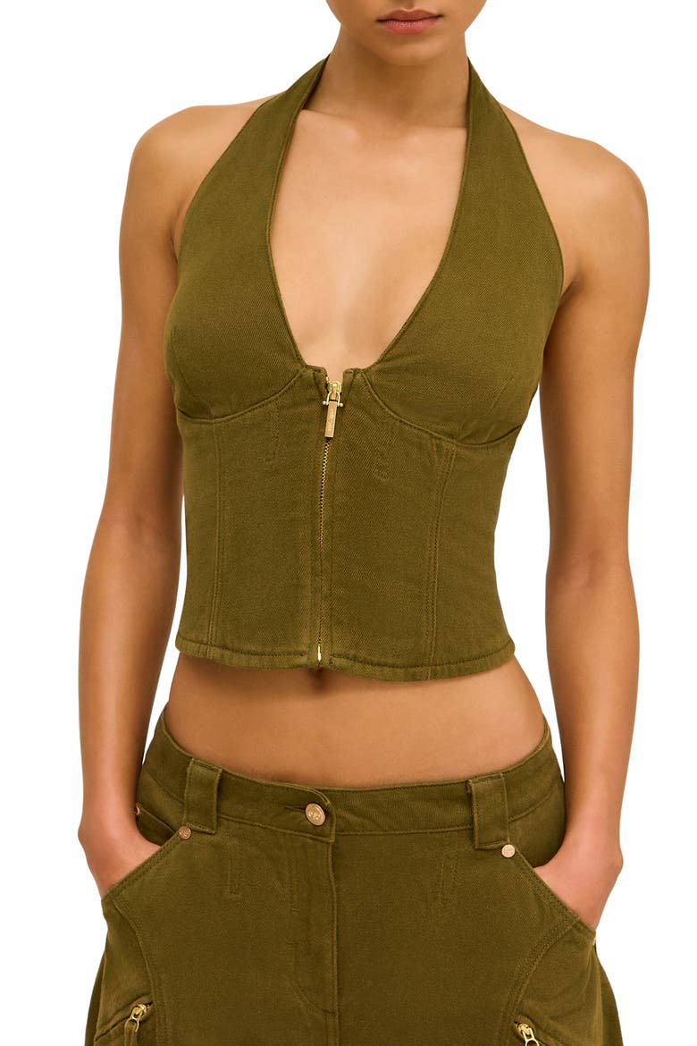 Davey Zip Front Twill Halter Top, Main, color, ROSEMARY