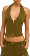 Cult Gaia Davey Zip Front Twill Halter Top