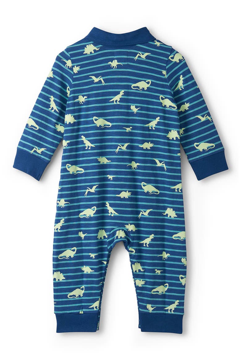 Stripe Dinosaur Print Glow in the Dark Cotton Polo Romper, Alternate, color, NAVY
