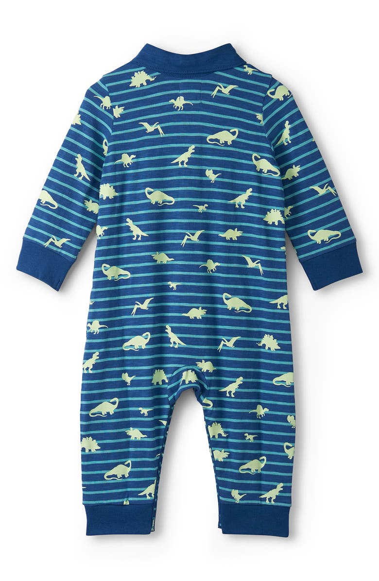 Hatley Stripe Dinosaur Print Glow in the Dark Cotton Polo Romper, Alternate, color, Navy