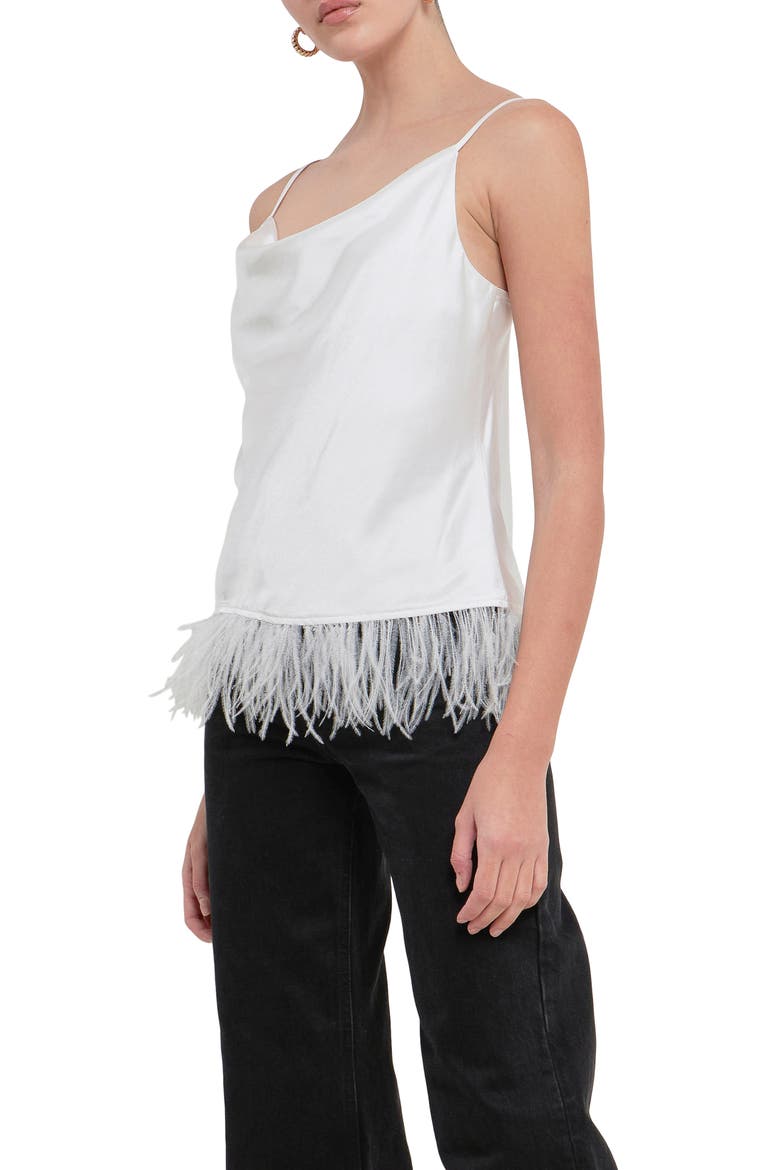 Feather Hem Satin Camisole, Alternate, color, WHITE