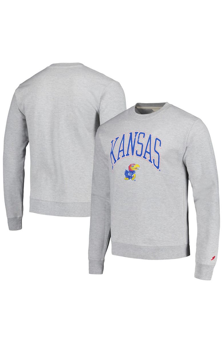LEAGUE COLLEGIATE WEAR Men's League Collegiate Wear Heather Gray Kansas Jayhawks Tall Arch Essential Pullover Sweatshirt, Alternate, color, Heather Gray
