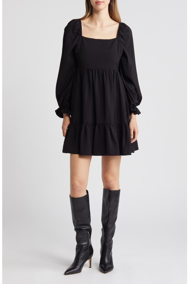 Tiered Bell Cuff Square Neck Dress, Alternate, color, BLACK