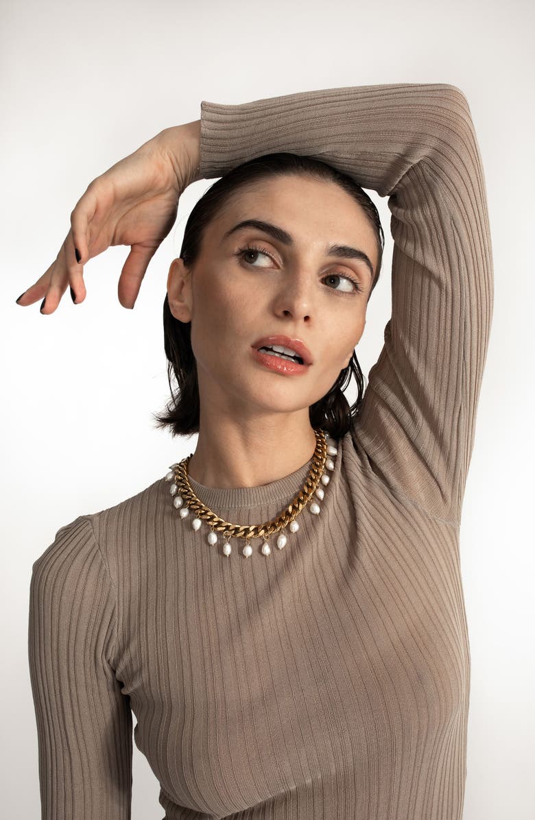 st. Moran Freshwater Pearl Charm Curb Link Necklace, Alternate, color, White/Gold