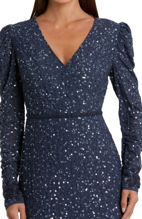 Mac Duggal Sequined Long Sleeve Midi Trumpet Dress In Midnight