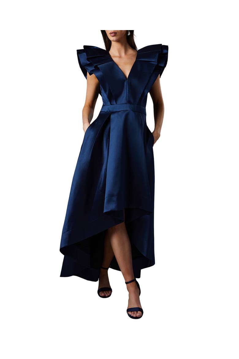Frill Sleeve V-Neck Midi Dress, Main, color, Navy