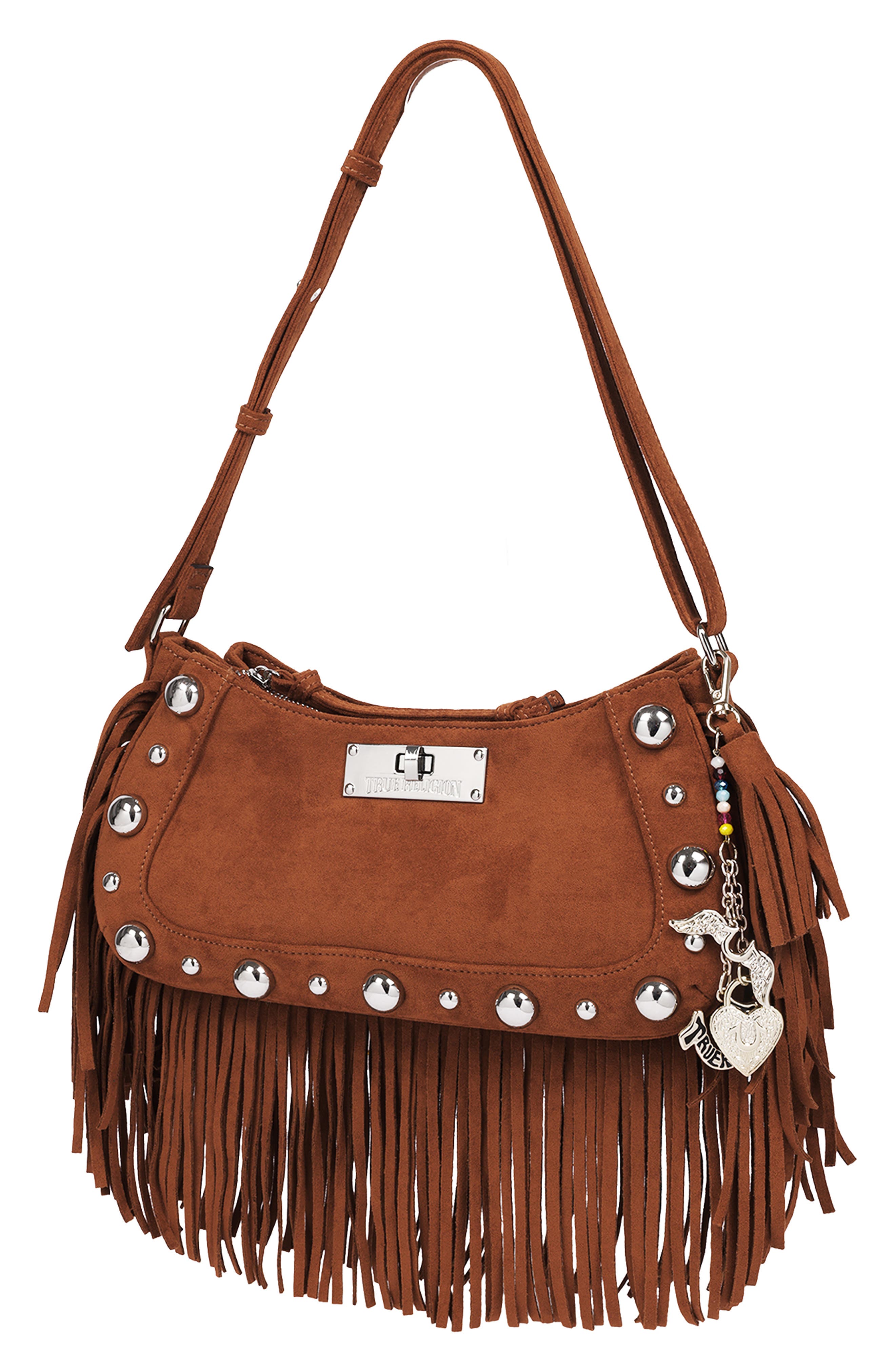 Vintage Dangle Fringe Faux Suede Hobo, Alternate, color, COGNAC