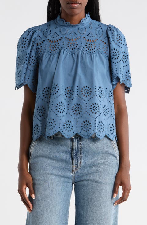 Embroidered Eyelet Short Sleeve Cotton Top