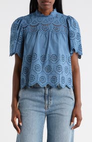 T Tahari Embroidered Eyelet Short Sleeve Cotton Top