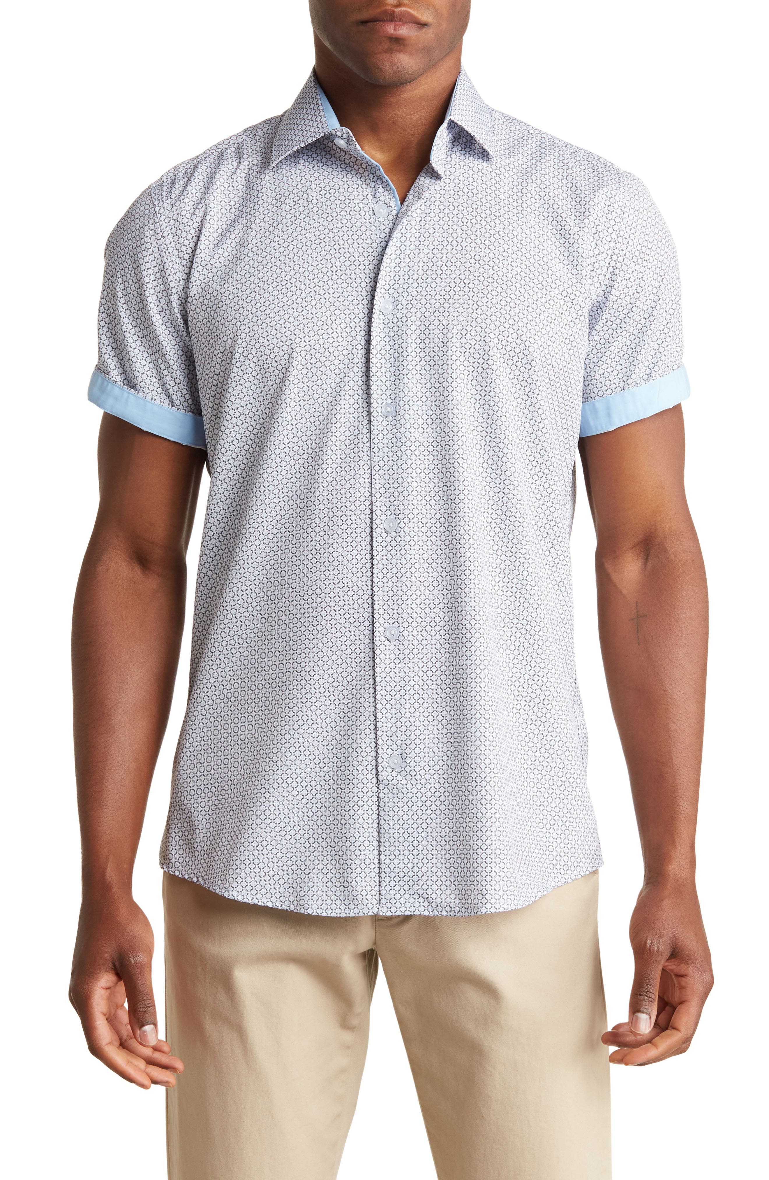 TOM BAINE Slim Fit Short Sleeve Performance Stretch Button-Up Shirt