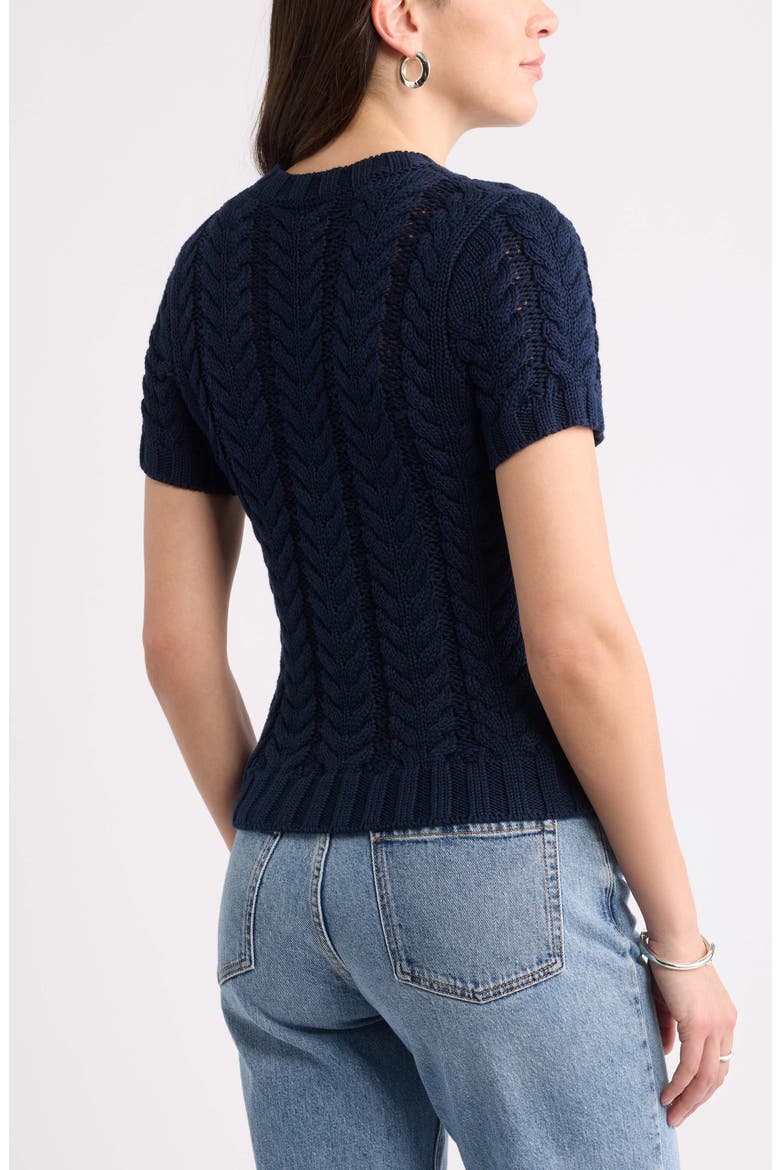 Cable Stitch Short Sleeve Cotton Sweater, Alternate, color, NAVY STILL