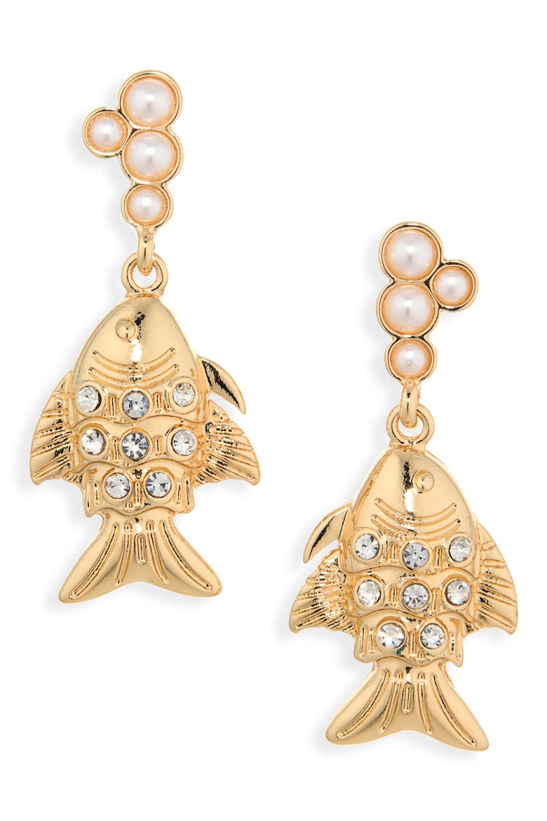 Faux Pearl Fish Drop Earrings, Main, color, WHITE- GOLD