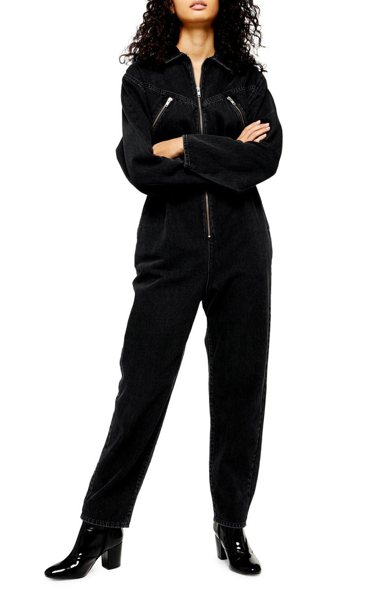 Topshop Cinched Denim Jumpsuit, Main, color,