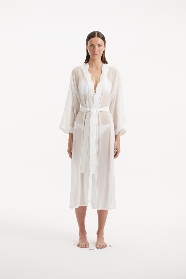 Blaze Long Sleeve Wavy-Trim Belted Sheer Kaftan, Alternate, color, White