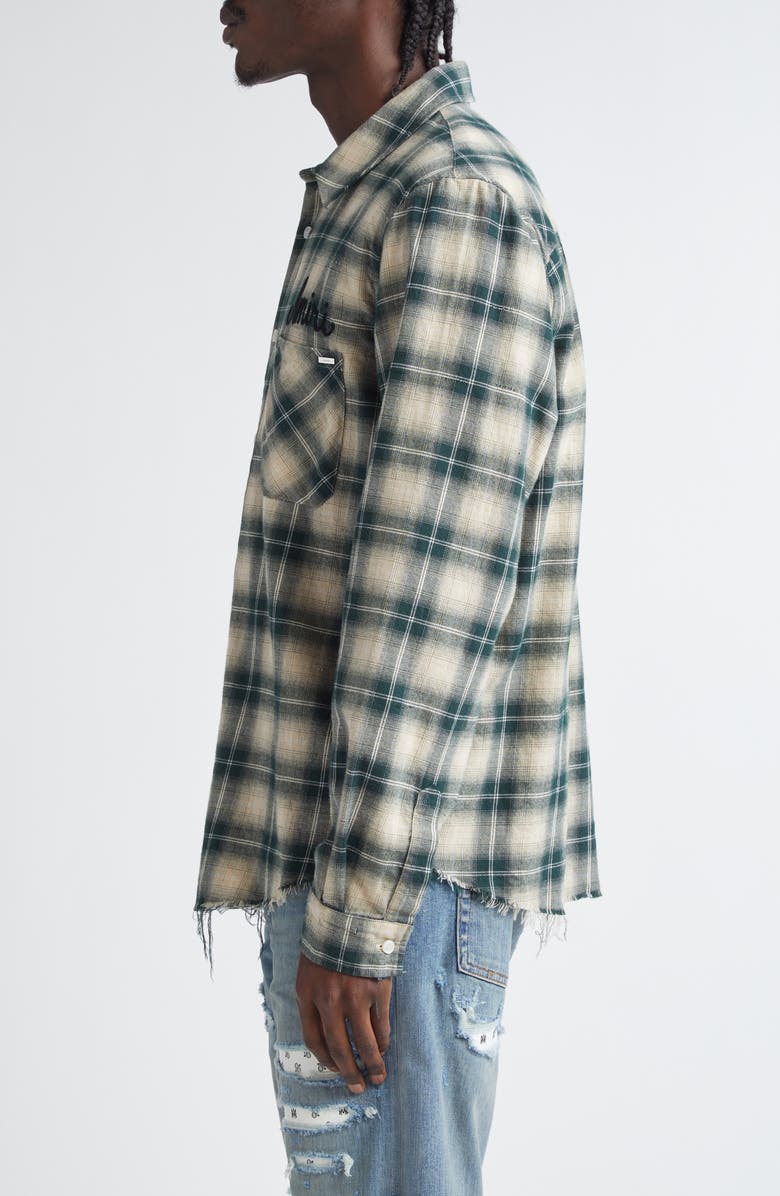 AMIRI Shotgun Distressed Plaid Flannel Button-Up Shirt, Alternate, color, Evergreen