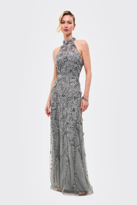 Embellished Sequins Halter Neck Maxi Dress