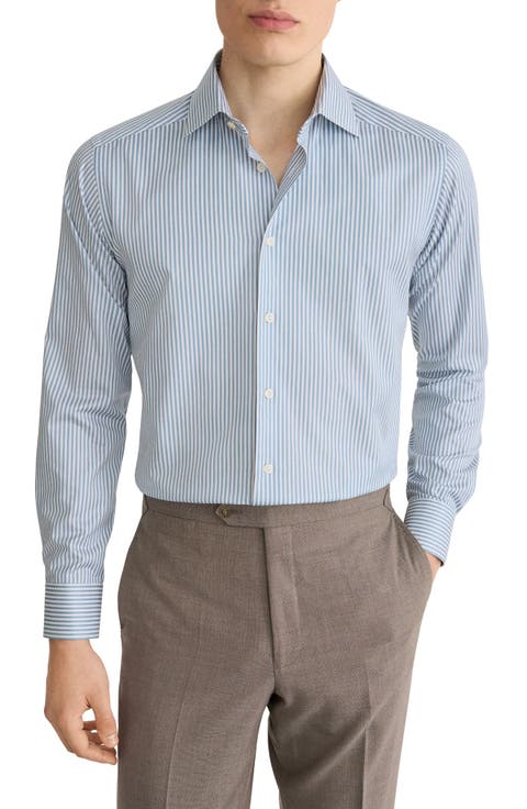 Contemporary Fit Light Green Stripe Signature Cotton Twill Dress Shirt (Regular & Big)