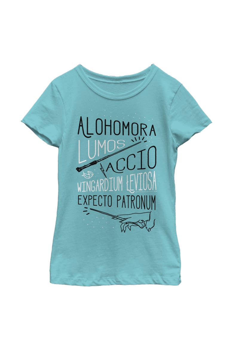 Girl's Harry Potter List of Spells  Graphic T-Shirt, Main, color, Tahiti Blue