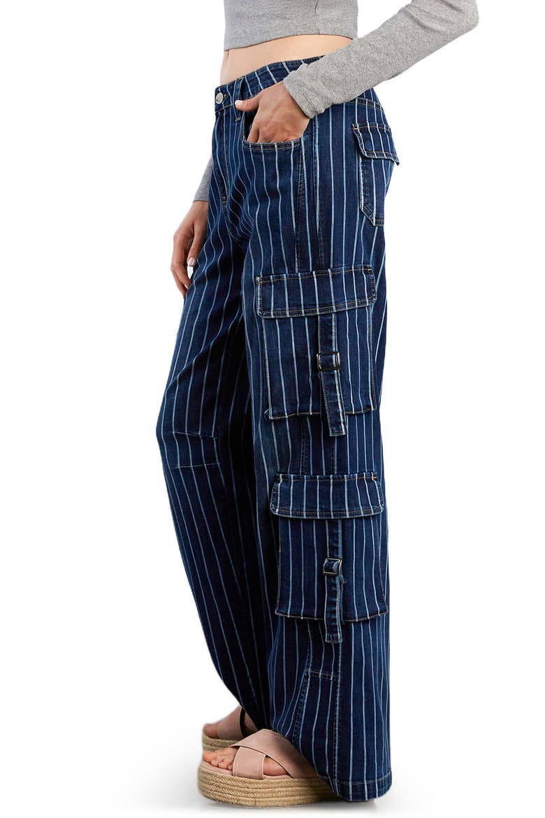 High Waist Straight Leg Cargo Jeans, Alternate, color, INDIGO STRIPES