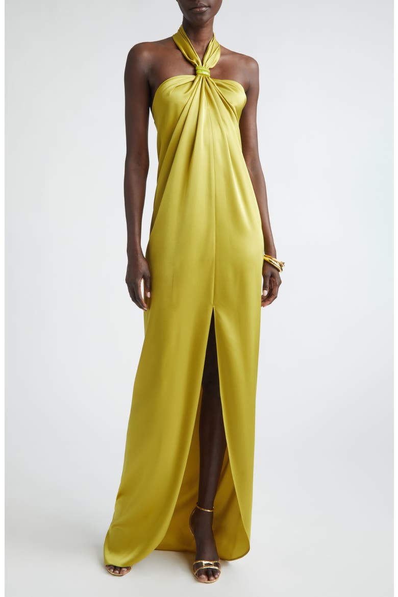 Liquid Satin Halter Neck Column Gown, Main, color, CITRINE