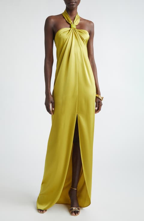 Liquid Satin Halter Neck Column Gown