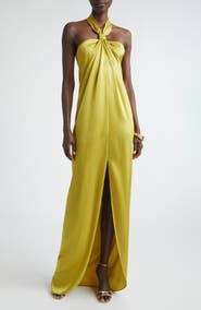 ST. JOHN Liquid Satin Halter Neck Column Gown