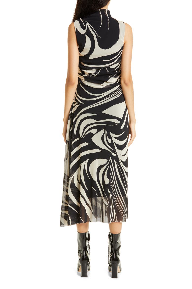 Swirl Print Ruched Mesh Sleeveless Dress, Alternate, color, NERO