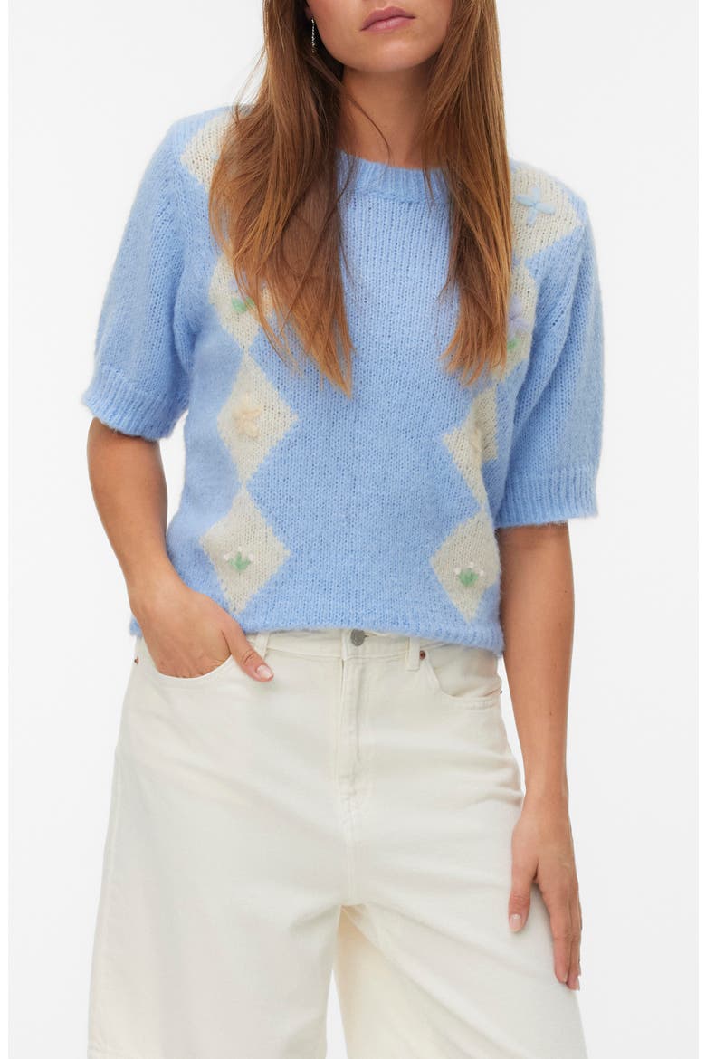 Madden Floral Argyle Plaid Short Sleeve Sweater, Main, color, BRUNNERA BLUE