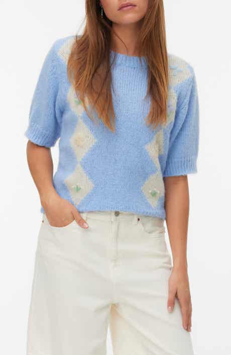 Madden Floral Argyle Plaid Short Sleeve Sweater