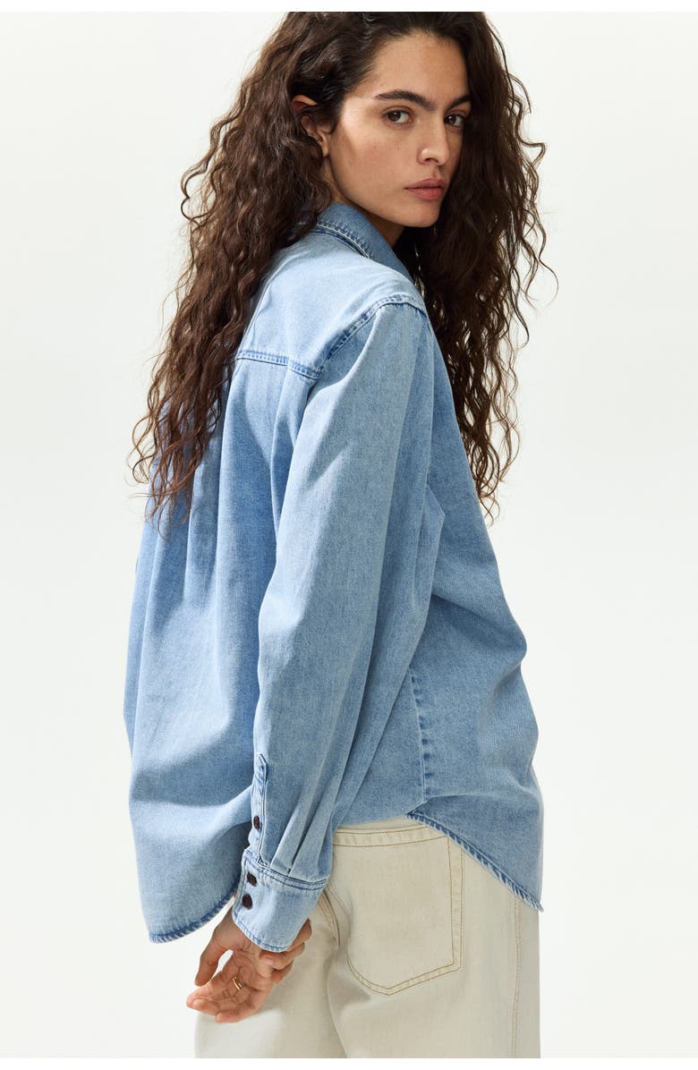 H&M Ruffle-trimmed denim shirt, Alternate, color, Denim Blue