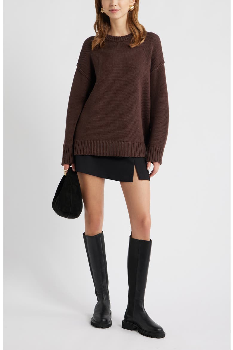 Oversize Crewneck Cotton Sweater, Alternate, color, BROWN SEAL