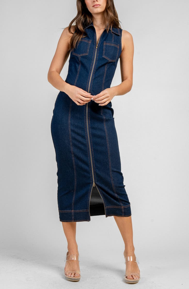 Beivy Denim Zip Front Midi Dress, Alternate, color, Dark Denim