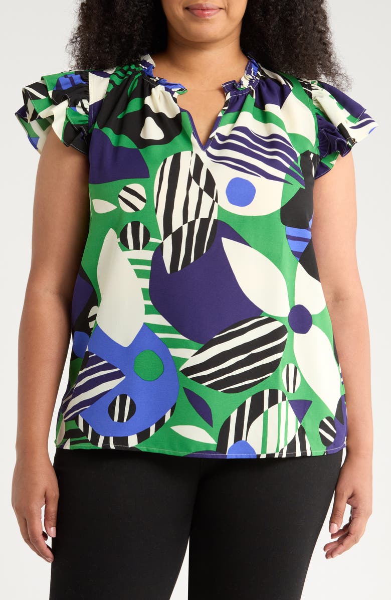 SUGARLIPS Xandria Bellis Geo Print Flutter Sleeve Top, Main, color, Green/ Multi