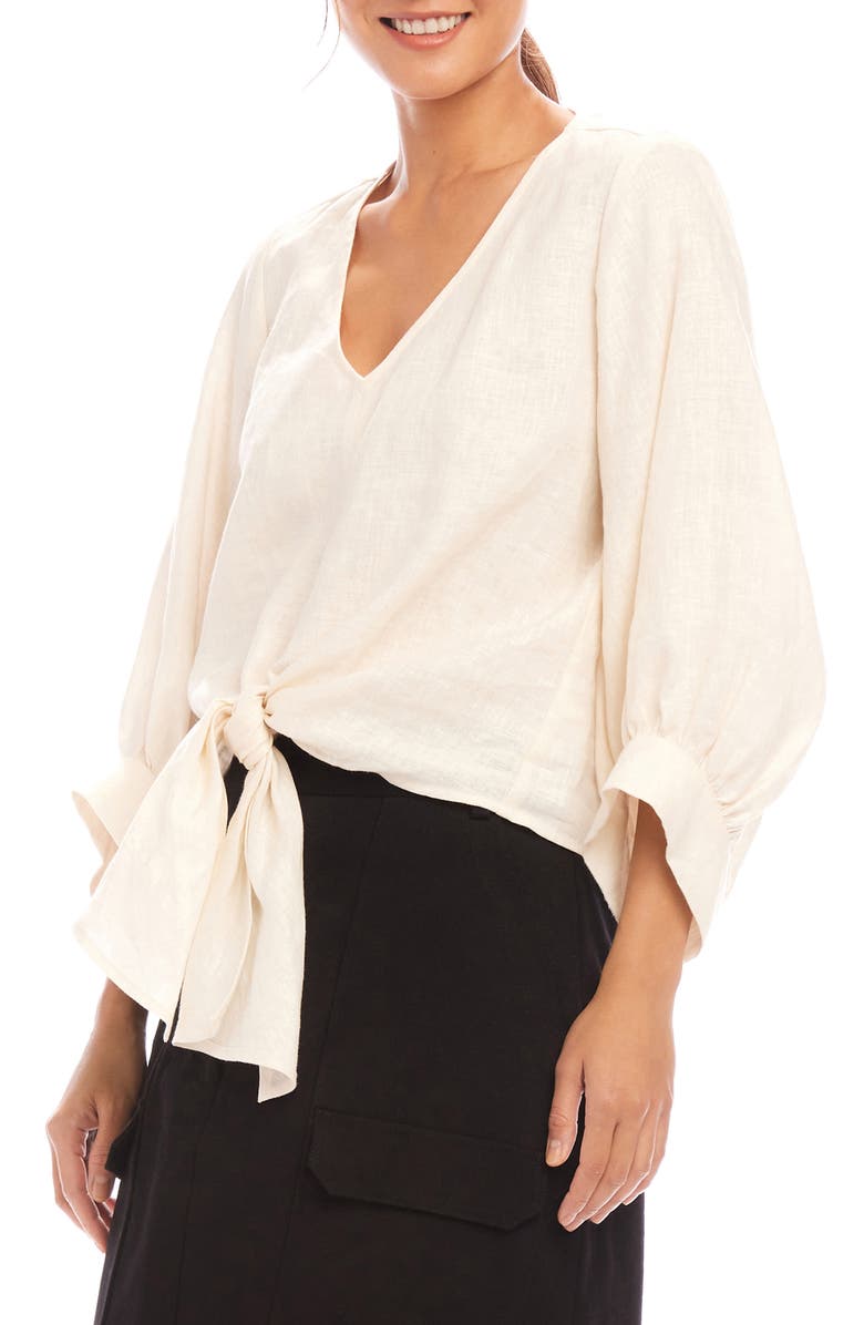 Karen Kane Tie Front Linen Top, Alternate, color, Ecru