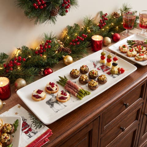 Stoneware Serving Platter with Santa Leading Reindeer Image