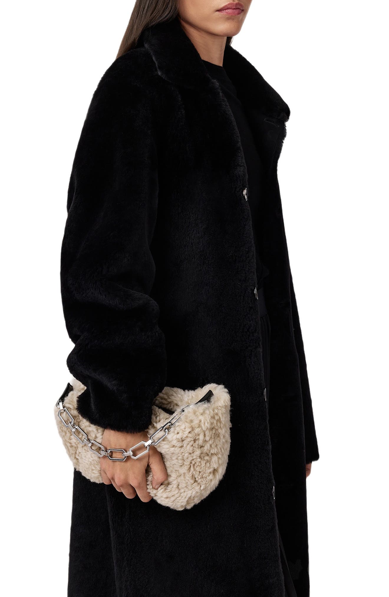 AllSaints Madea Mini Genuine Shearling Clutch Bag, Alternate, color, 