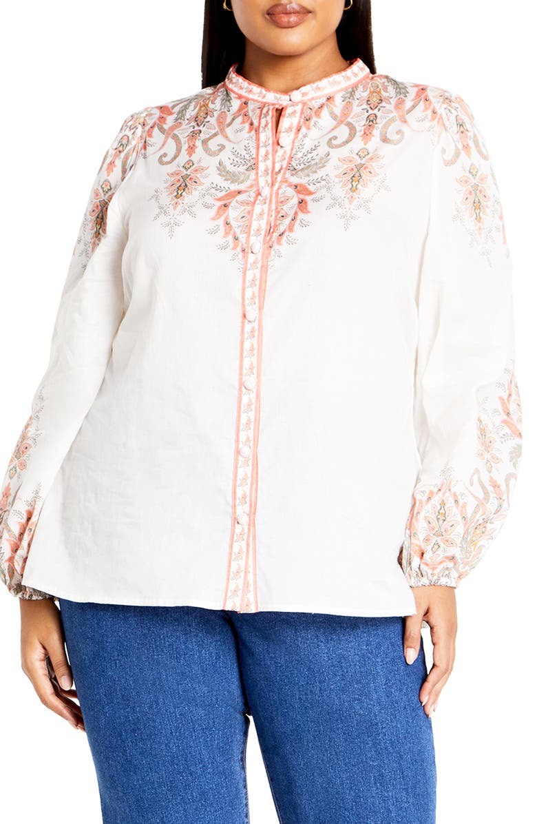 City Chic Chloe Placed Floral Print Button-Up Shirt, Main, color, 