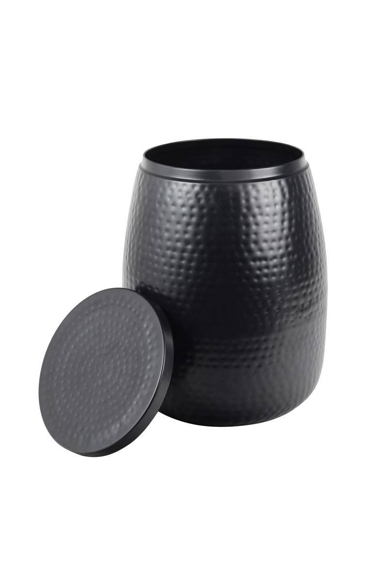 Merida Modern Rustic Hammered Metal Drum Storage Side Table with Lid, Main, color, Matte Black