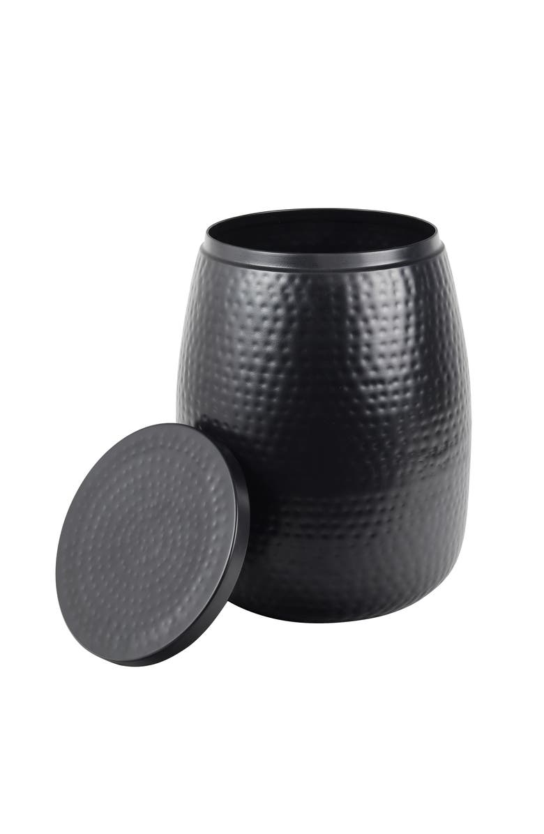 HAPPIMESS Merida Modern Rustic Hammered Metal Drum Storage Side Table with Lid, Main, color, Matte Black